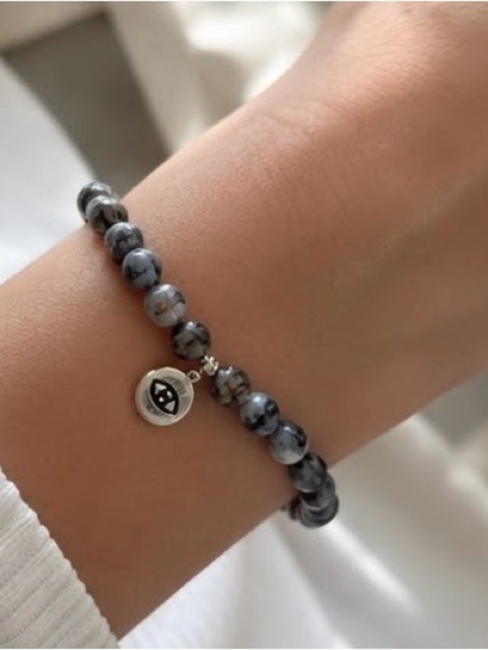 Black and White Marbled Bead Bracelet with Silver Eye Charm - Picture 2 of 5